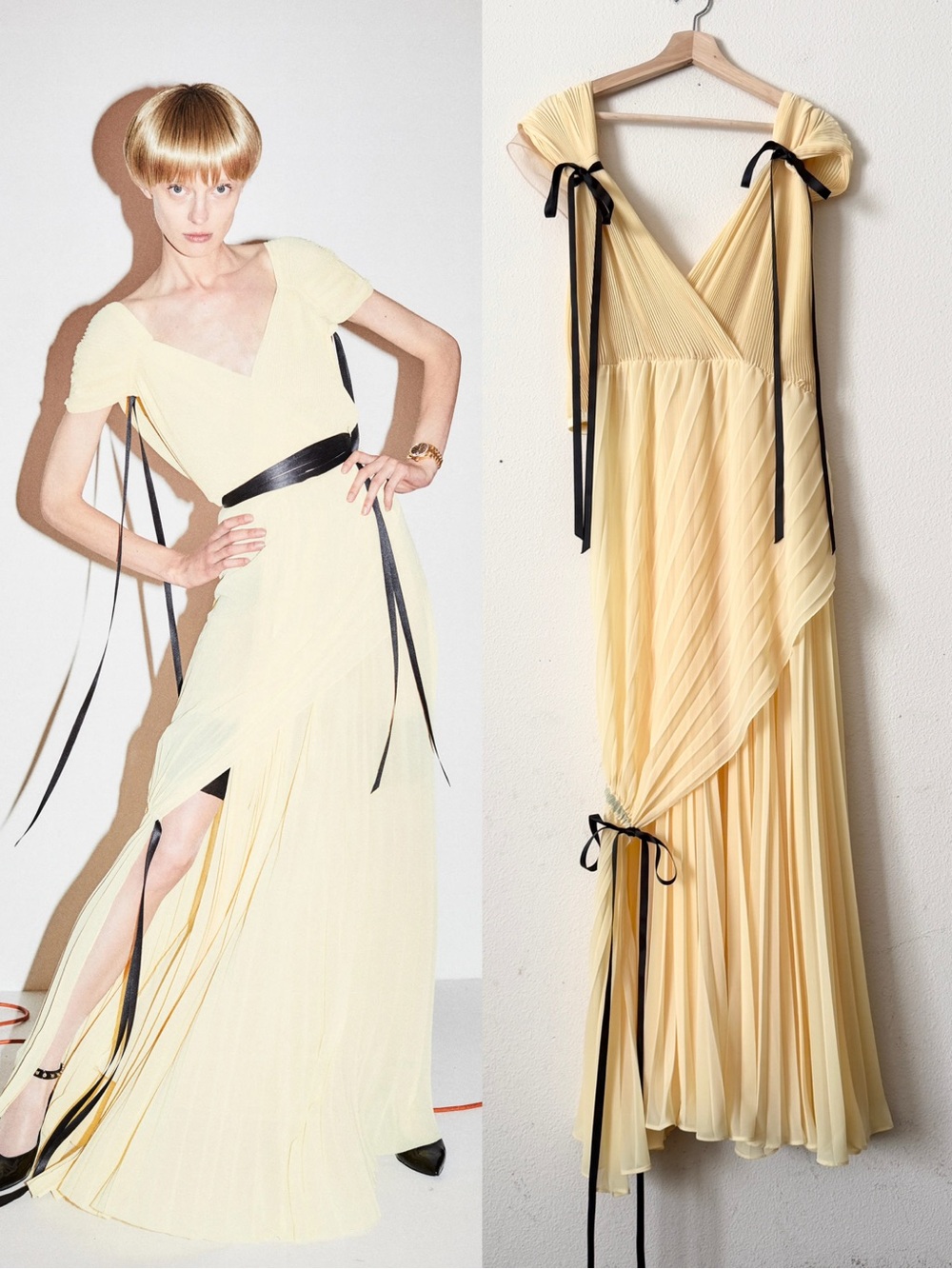 Tre by Natalie Ratabesi SIZE 6 The Bovary yellow front slit pleated chiffon gown